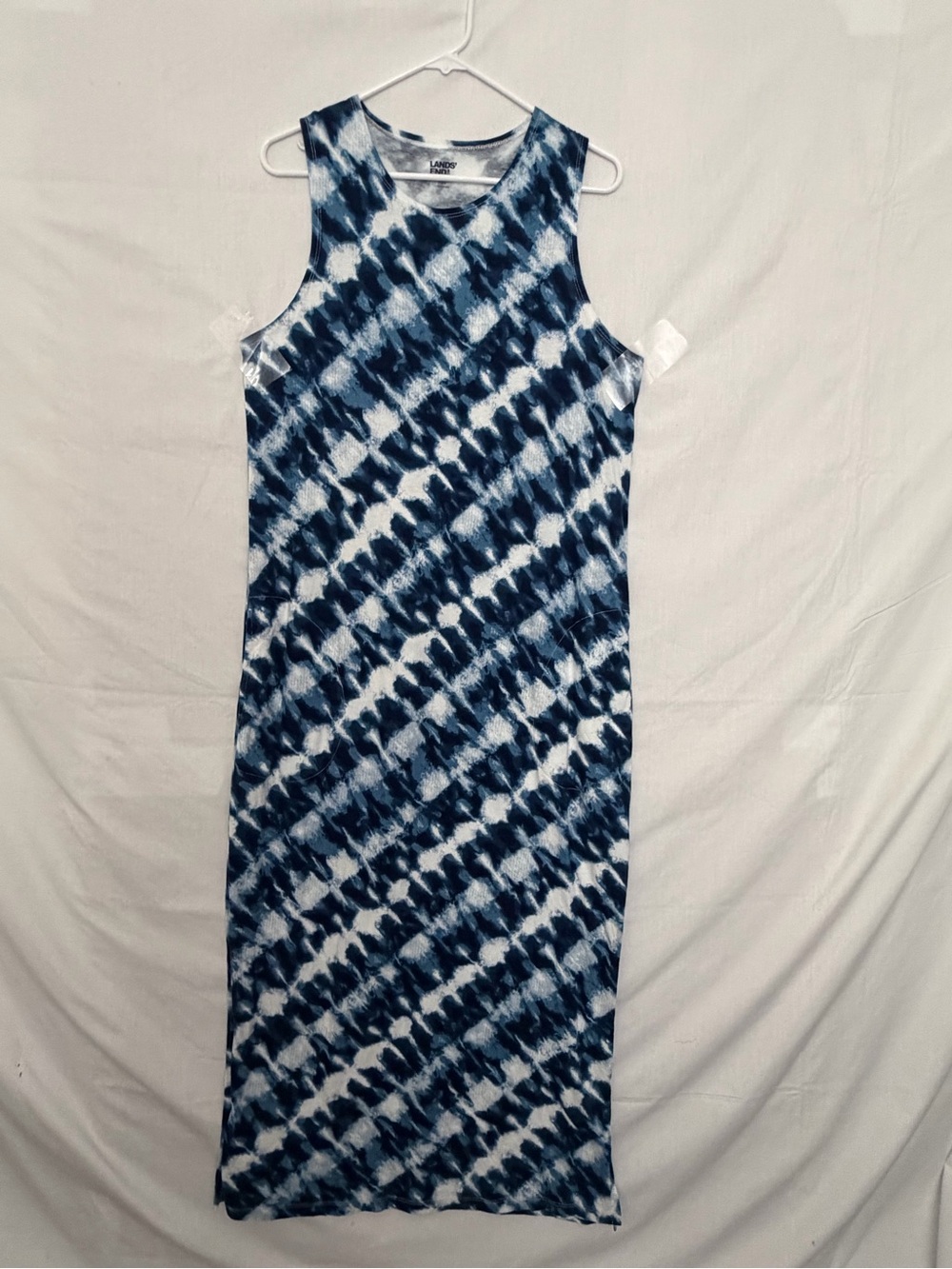 Lands End size M 10 12 Blue Tie Dye Cotton Tank Maxi Dress Side Slits NWOT(A924)